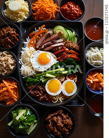 Bibimbap Rice mixed with vegetables and meat 115875348