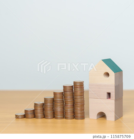 Money Saving, Property investment, House Mortgage and Real Estate Financial concepts. coins stack with Home model, Money stack Counting arrangement for deposit and Tax 115875709