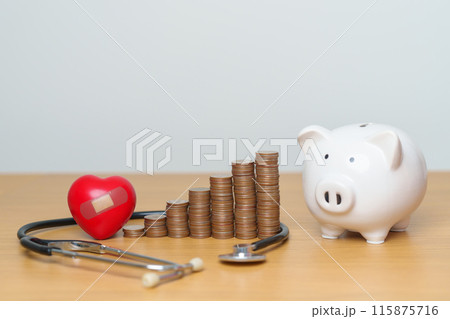 Money Saving, Health Insurance, Medical, Donation and Financial concepts. coins stack and piggy bank with stethoscope and Heart, Money stack Counting arrangement for deposit and Healthcare cost 115875716