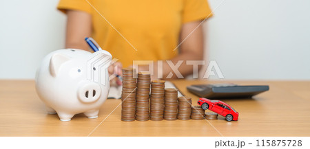 Money Saving, Car Insurance, Financial, vehicle Repair and Maintenance concepts. coins stack and piggy bank with Auto model, Money stack Counting arrangement for deposit and Automobile Tax Money Saving, Car Insurance, Financial, vehicle Repair and Maintenance concepts. coins stack and piggy bank with Auto model, Money stack Counting arrangement for deposit and Automobile Tax 115875728