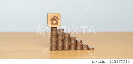 Money Saving, Property investment, House Mortgage and Real Estate Financial concepts. coins stack with Home block, Money stack Counting arrangement for deposit and Tax Money Saving, Property investment, House Mortgage and Real Estate Financial concepts. coins stack with Home block, Money stack Counting arrangement for deposit and Tax 115875739