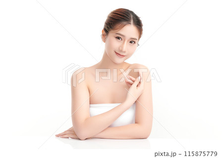 Beautiful young asian woman with clean fresh skin on white background, Face care, Facial treatment, Cosmetology, beauty and spa, Asian women portrait. Beautiful young asian woman with clean fresh skin on white background, Face care, Facial treatment, Cosmetology, beauty and spa, Asian women portrait. 115875779