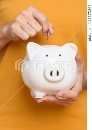 Money Saving for Future Plan, Retirement fund, Pension, Investment, Wealth Business and Financial concepts. hand holding and putting into piggy bank, Money Counting for World Savings day and Donate 115875863