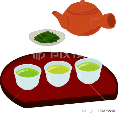 小さい湯呑みに注いだ3種類の緑茶、飲み比べ 115875936
