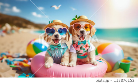 Funny dog wearing summer fashion with rubber ring on the beach. Summer Vacation Concept. Funny dog wearing summer fashion with rubber ring on the beach. Summer Vacation Concept. 115876152