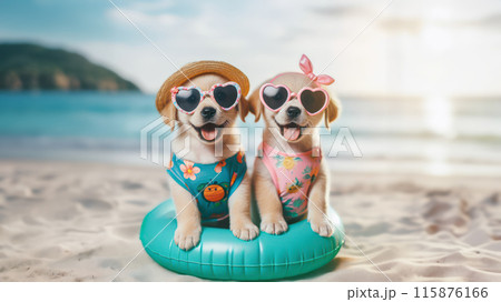Funny dog wearing summer fashion with rubber ring on the beach. Summer Vacation Concept. 115876166