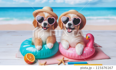Funny dog wearing summer fashion with rubber ring on the beach. Summer Vacation Concept. 115876167