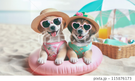 Funny dog wearing summer fashion with rubber ring on the beach. Summer Vacation Concept. Funny dog wearing summer fashion with rubber ring on the beach. Summer Vacation Concept. 115876173