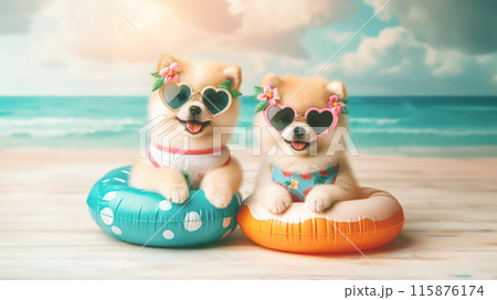 Funny dog wearing summer fashion with rubber ring on the beach. Summer Vacation Concept. Funny dog wearing summer fashion with rubber ring on the beach. Summer Vacation Concept. 115876174