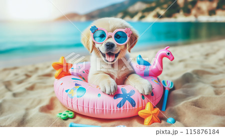 Funny dog wearing summer fashion with rubber ring on the beach. Summer Vacation Concept. Funny dog wearing summer fashion with rubber ring on the beach. Summer Vacation Concept. 115876184
