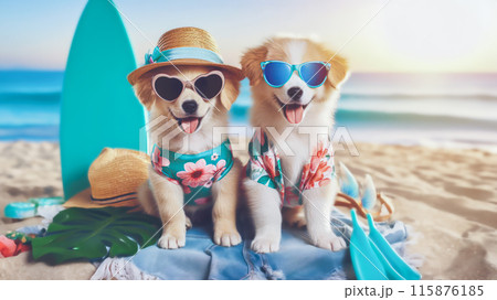 Funny dog wearing summer fashion with rubber ring on the beach. Summer Vacation Concept. Funny dog wearing summer fashion with rubber ring on the beach. Summer Vacation Concept. 115876185