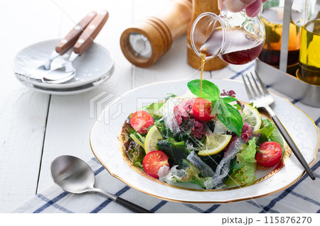 ヘルシーな 海藻サラダ （5種類の海藻と白きくらげ、こんにゃく寒天入り） 115876270