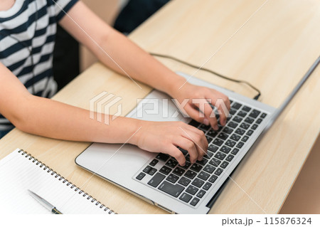 プログラミング教育を受けノートパソコンを使う小学生の男の子の手元 115876324