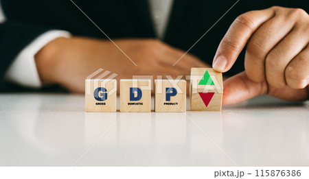 GDP, gross domestic product symbol. Businessman flip cube with up and down arrow. Business financial management concept GDP, gross domestic product symbol. Businessman flip cube with up and down arrow. Business financial management concept 115876386