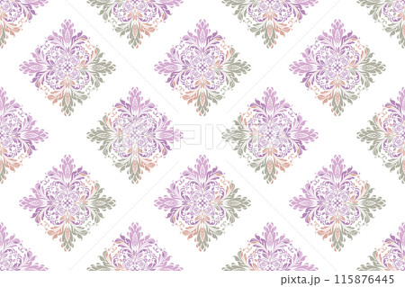 Wallpaper in the style of Baroque. Seamless vector background. Colored floral ornament. Graphic pattern for fabric, wallpaper, packaging. Ornate Damask flower ornament Wallpaper in the style of Baroque. Seamless vector background. Colored floral ornament. Graphic pattern for fabric, wallpaper, packaging. Ornate Damask flower ornament 115876445