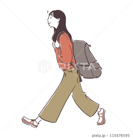 リュックサックを背負って大股歩きをする女性のシンプル手描きイラスト 115876595