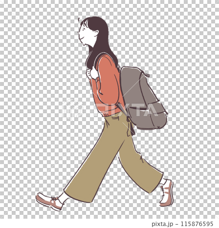 リュックサックを背負って大股歩きをする女性のシンプル手描きイラスト 115876595