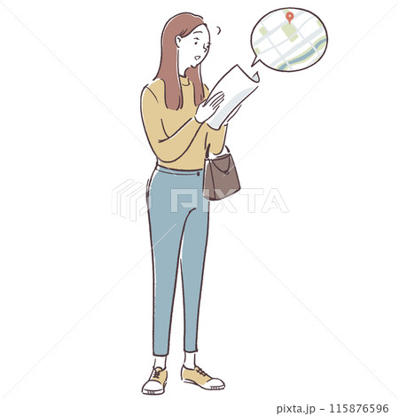 地図を見る女性のシンプル手描きイラスト 115876596