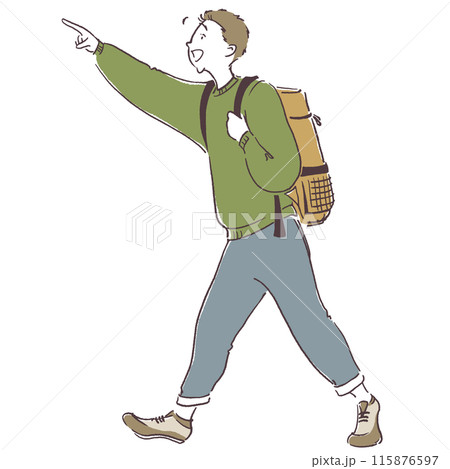 リュックを持って歩きながら指をさす男性のシンプル手描きイラスト 115876597