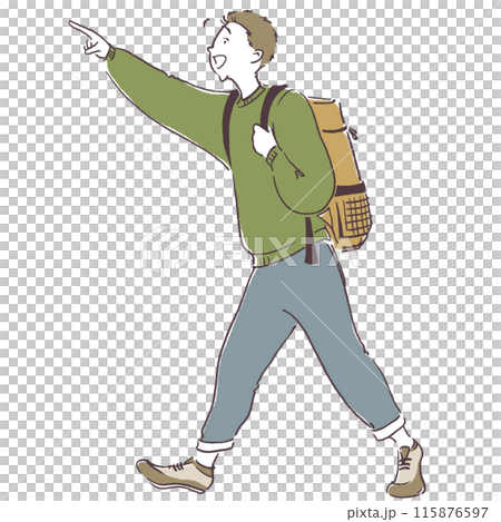 リュックを持って歩きながら指をさす男性のシンプル手描きイラスト 115876597