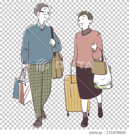 A simple hand-drawn illustration of a couple returning from a trip with lots of souvenirs 115876600