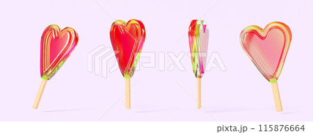 3d set of candy hearts, Valentines day sweets in shape of love symbol isolated render icons. Lollipop with color red green gradient texture on wooden stick, cute romantic present. 3D illustration 3d set of candy hearts, Valentines day sweets in shape of love symbol isolated render icons. Lollipop with color red green gradient texture on wooden stick, cute romantic present. 3D illustration 115876664