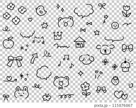 手描きのかわいい飾りイラストのベクターイラストセット　ふきだし　ハート　動物　星　花　矢印　リボン 115876867