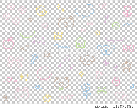 Vector illustration set of hand-drawn cute decorative illustrations: speech bubbles, hearts, animals, stars, flowers, arrows, ribbons 115876886