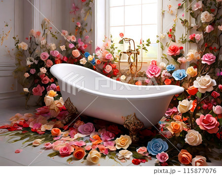 Colorful flowers and bathtub. 115877076