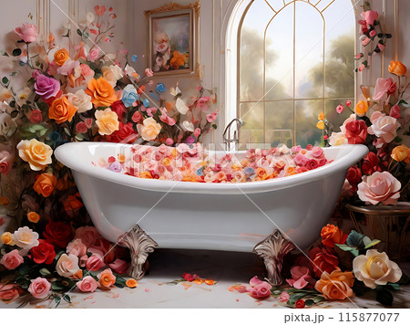 Colorful flowers and bathtub. 115877077