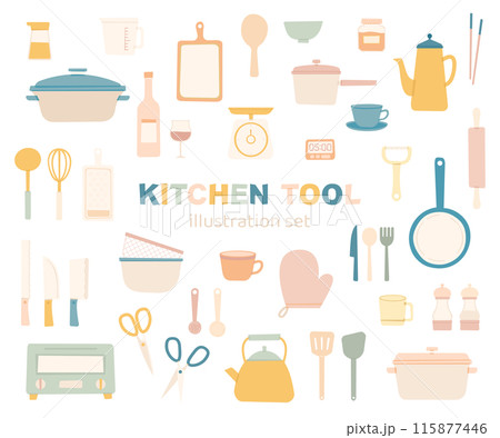 キッチンツール 調理器具 台所 イラスト 落書き風 セット かわいい 線なし フラット シンプル キッチンツール 調理器具 台所 イラスト 落書き風 セット かわいい 線なし フラット シンプル 115877446