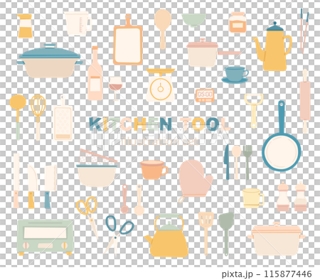 Kitchen tools, cooking utensils, kitchen, illustration, doodle style, set, cute, no lines, flat, simple 115877446