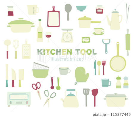 キッチンツール　調理器具　台所　イラスト　落書き風　セット　かわいい　線なし　フラット　シンプル 115877449