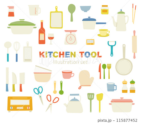 キッチンツール　調理器具　台所　イラスト　落書き風　セット　かわいい　線なし　フラット　シンプル 115877452