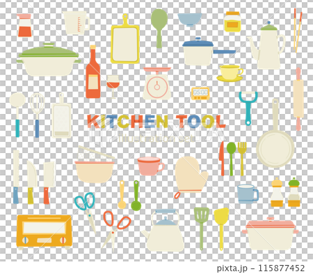 Kitchen tools, cooking utensils, kitchen, illustration, doodle style, set, cute, no lines, flat, simple 115877452