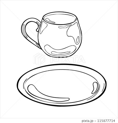 Mug and plate black white outline vector illustration isolated. Pottery items graphic line hand drawn. Cup saucer ink silhouette painted. Dishes coloring. Element for ceramics workshop Mug and plate black white outline vector illustration isolated. Pottery items graphic line hand drawn. Cup saucer ink silhouette painted. Dishes coloring. Element for ceramics workshop 115877714