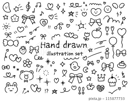 手描きのかわいい飾りイラストのベクターイラストセット　ハート　動物　星　花　手書き　リボン　苺　 115877733