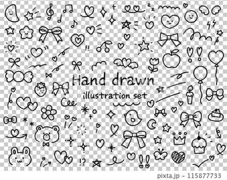 手描きのかわいい飾りイラストのベクターイラストセット　ハート　動物　星　花　手書き　リボン　苺　 115877733