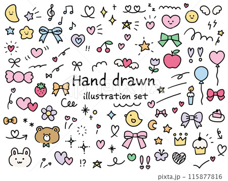 手描きのかわいい飾りイラストのベクターイラストセット ハート 動物 