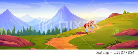 Boy feel pain after fall and girl help in mountain Boy feel pain after fall and girl help in mountain 115877854