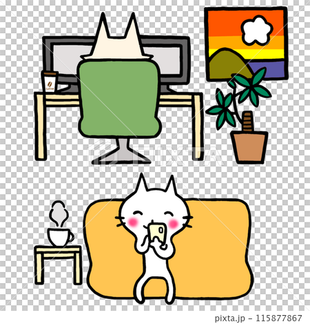 Illustration of a cat teleworking in the living room 115877867