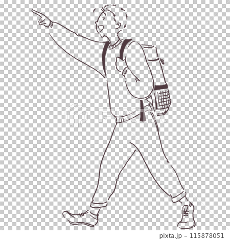 リュックを背負って歩きながら指をさす男性のシンプル線画透過イラスト リュックを背負って歩きながら指をさす男性のシンプル線画透過イラスト 115878051