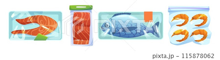Frozen fish plastic package. Ice seafood product 115878062