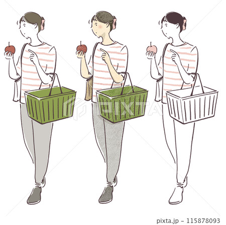 買い物かごを持って買い物をする女性のシンプル・画用紙質感手描きイラスト 115878093