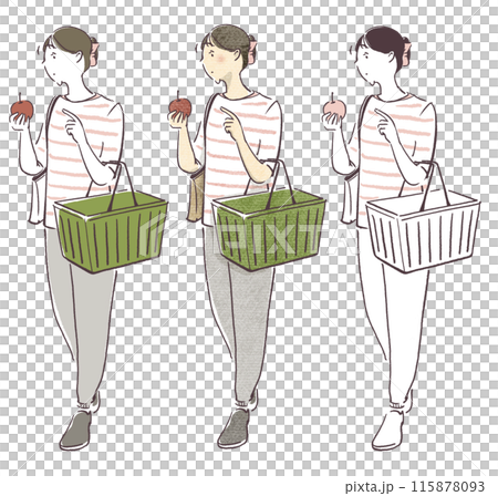 買い物かごを持って買い物をする女性のシンプル・画用紙質感手描きイラスト 115878093