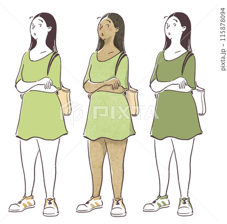 腕を組んでこちらを見る少しぽっちゃりした女性のシンプル・画用紙質感手描きイラスト 腕を組んでこちらを見る少しぽっちゃりした女性のシンプル・画用紙質感手描きイラスト 115878094