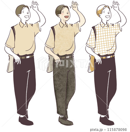 にこやかに手を挙げる男性のシンプル・画用紙質感手描きイラスト 115878098