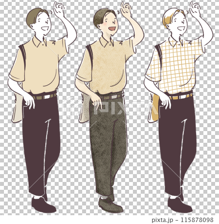 にこやかに手を挙げる男性のシンプル・画用紙質感手描きイラスト 115878098