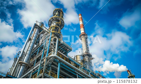 複数の塔とパイプがある石油化学プラント 115878132