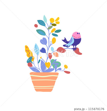 Illustration of minimalistic delicate flowers planted ang bird in a pot, depicted in a charming folk style. Suitable for print, decoration, poster printing, and home decor. Illustration of minimalistic delicate flowers planted ang bird in a pot, depicted in a charming folk style. Suitable for print, decoration, poster printing, and home decor. 115878176